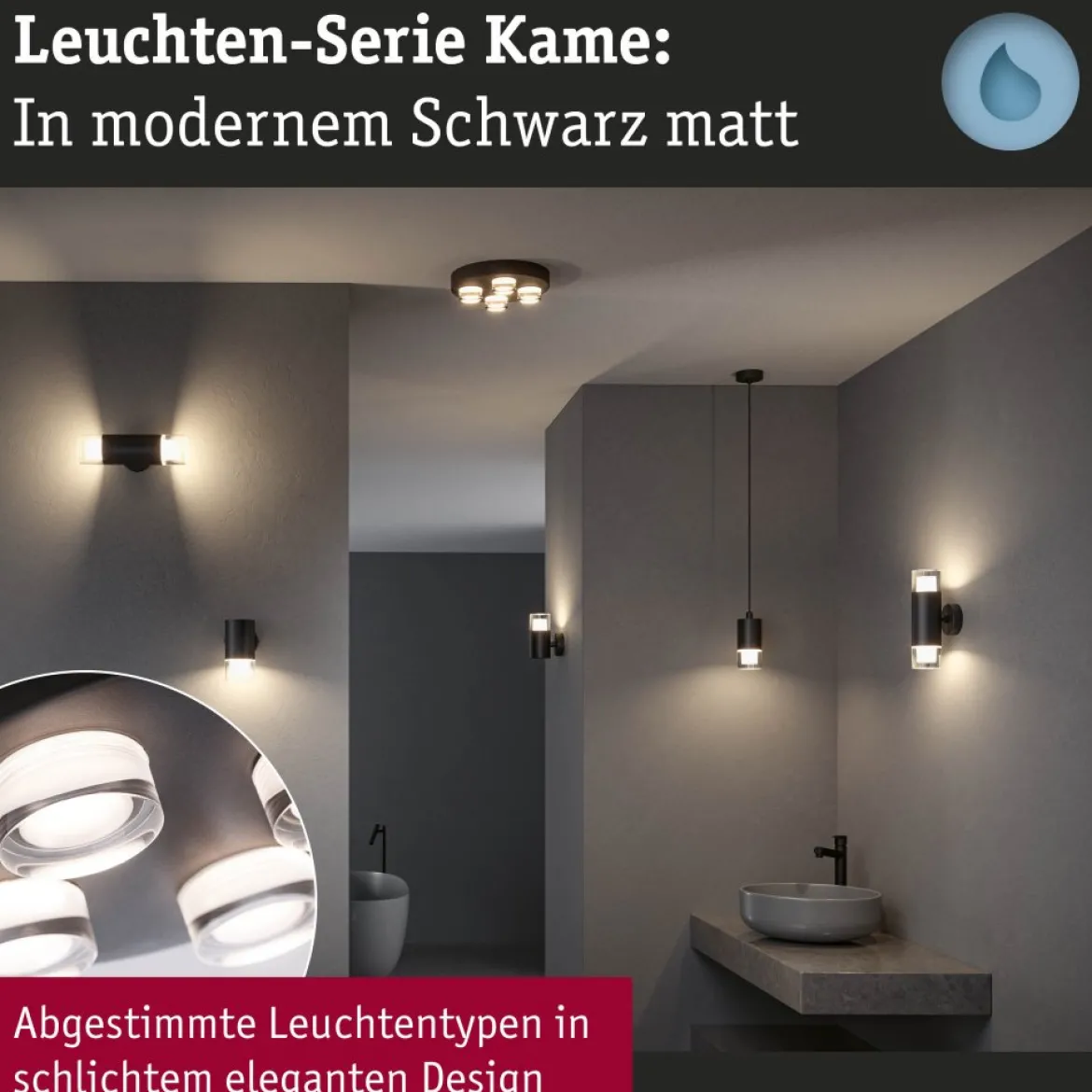 Paulmann 79558 Selection Bathroom LED Deckenleuchte Kame 3000K Schwarz IP44