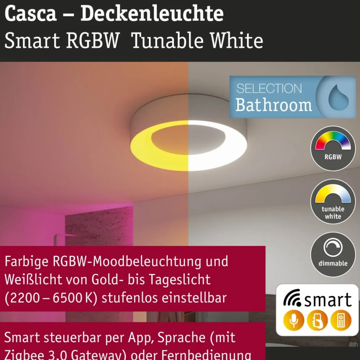 Paulmann 75415 Smart Home LED Deckenleuchte Casca Alu IP44 RGBW 40cm