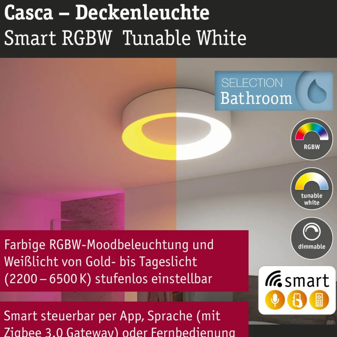 Paulmann 75414 Smart Home LED Deckenleuchte Casca weiß IP44 RGBW 40cm