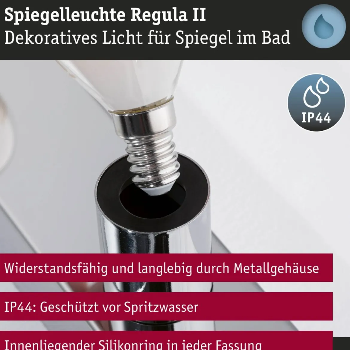 Paulmann 80096 Spiegelleuchte Regula II 3-flammig E14 Chrom IP44