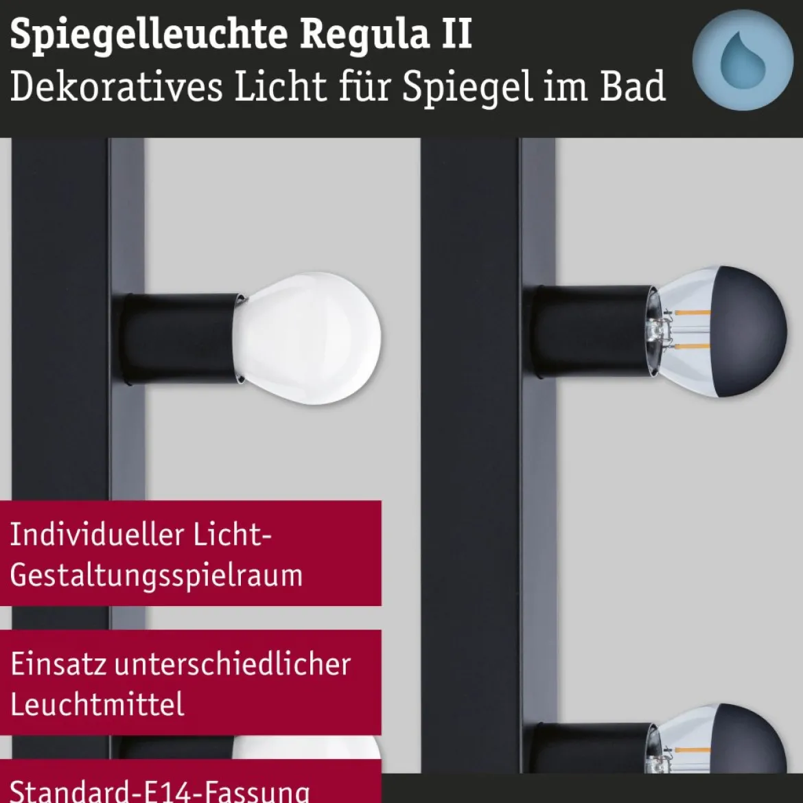 Paulmann 80099 Spiegelleuchte Regula II 4-flammig E14 Schwarz IP44