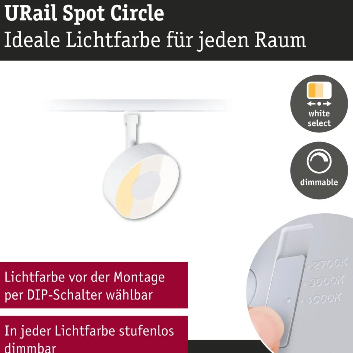 Paulmann 93150 URail LED Schienenspot Circle dimmbar 2700-4000K Signalweiß RAL 9003