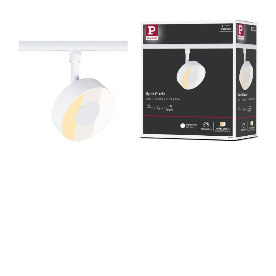Paulmann 93150 URail LED Schienenspot Circle dimmbar 2700-4000K Signalweiß RAL 9003