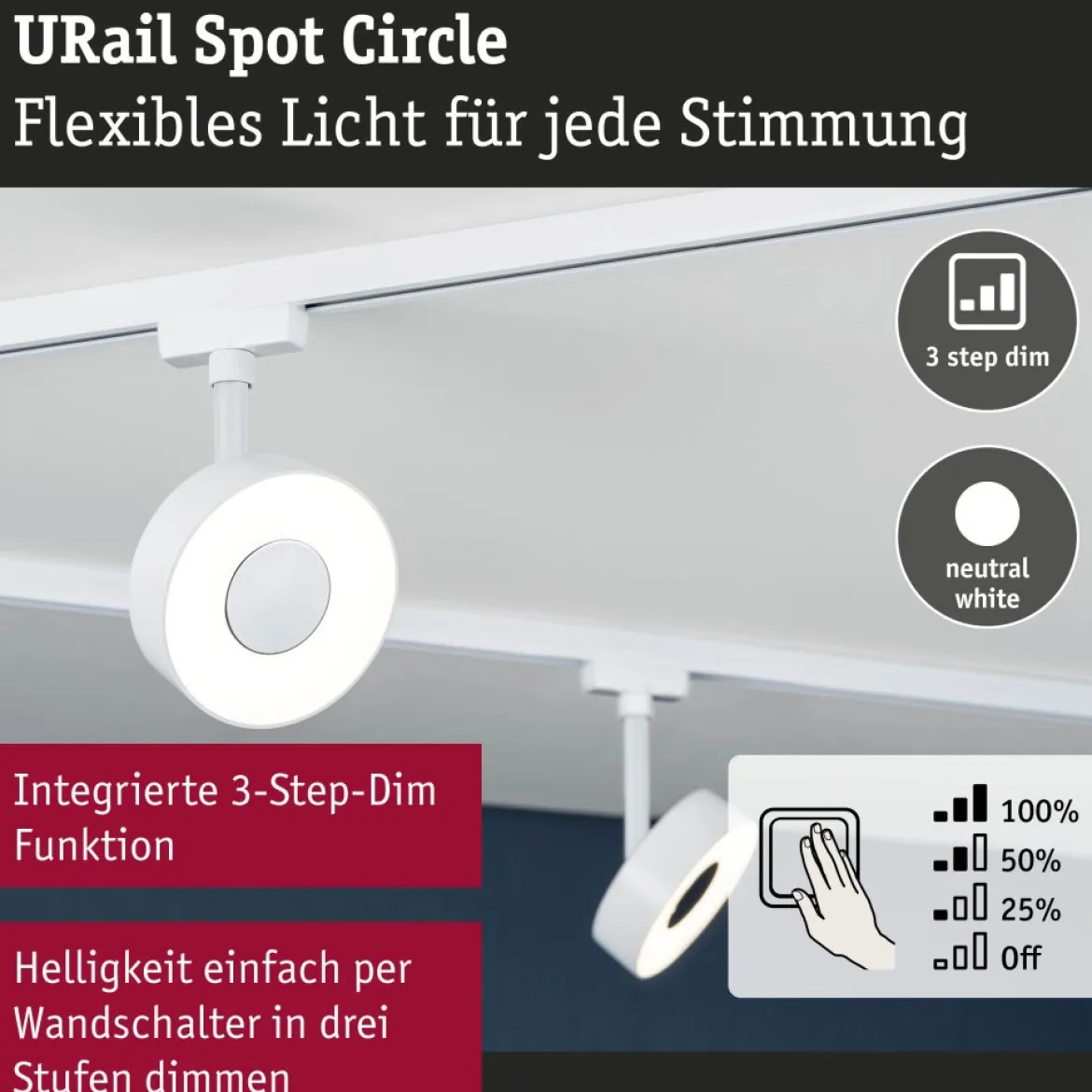 Paulmann 95704 URail LED Schienenspot Circle 4000K 3-Step-Dim 230V Signalweiß
