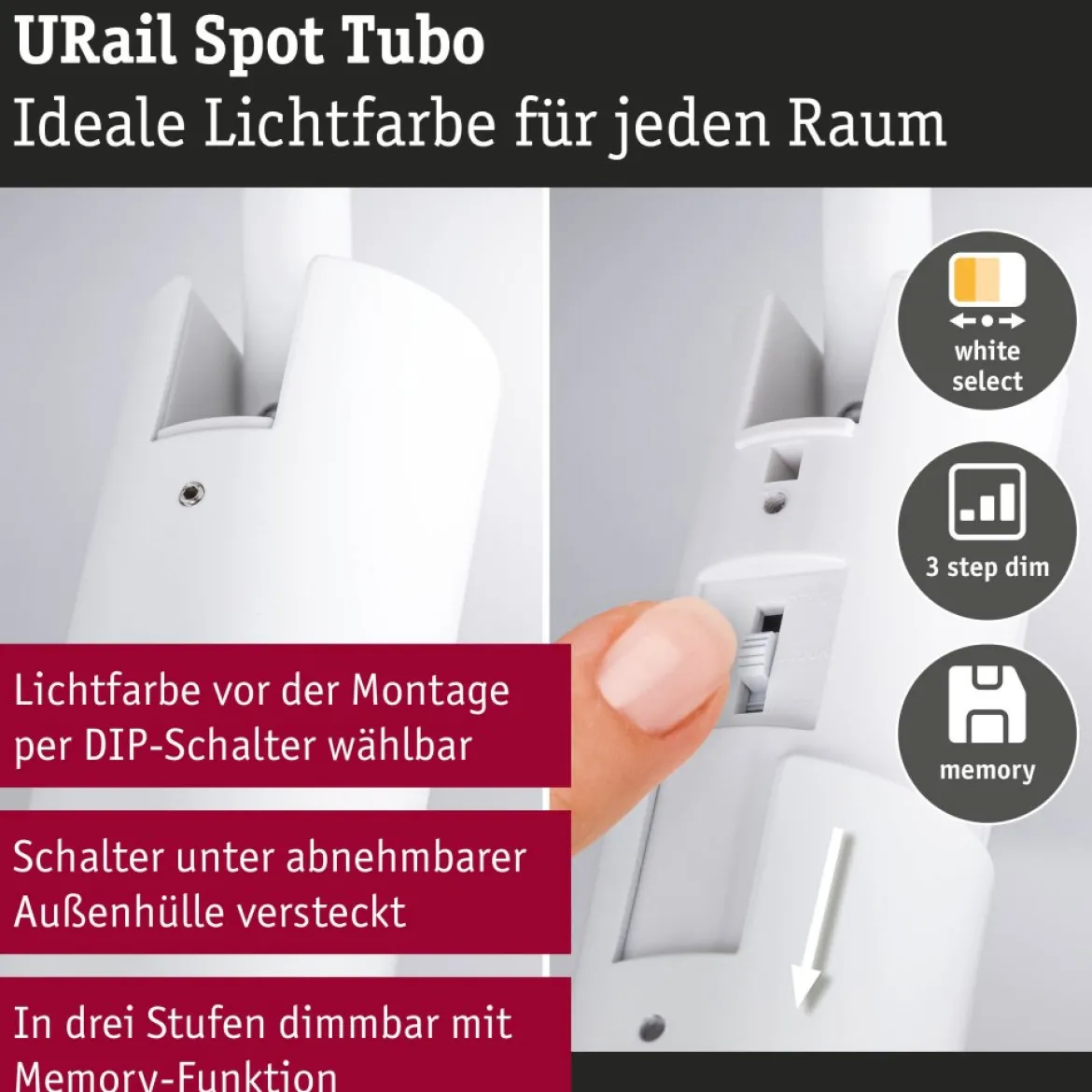 Paulmann 93140 URail LED Schienenspot Tubo 3-Step-Dim 2700-4000K Signalweiß RAL 9003