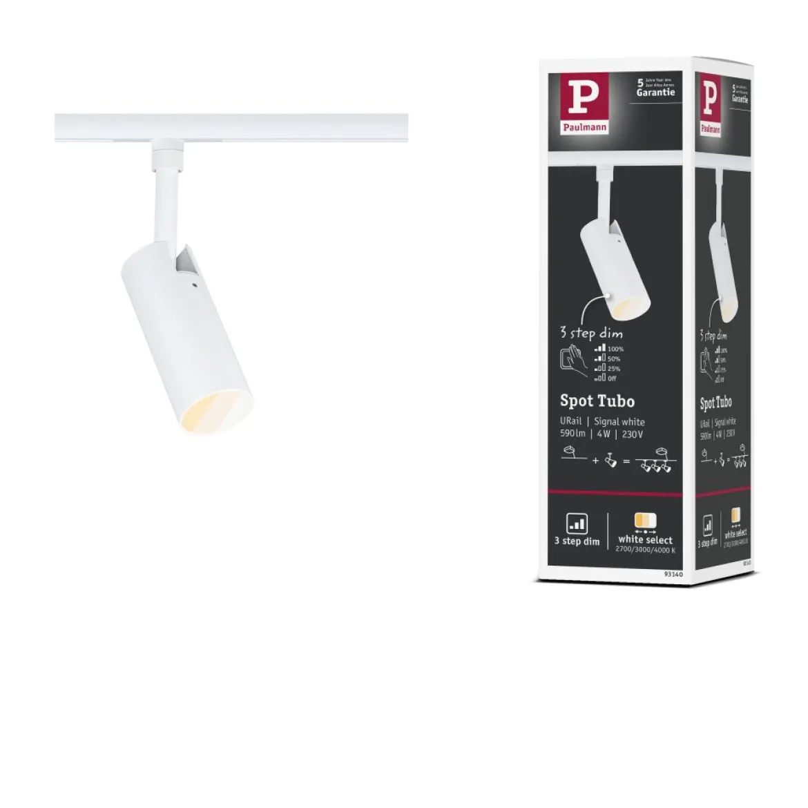 Paulmann 93140 URail LED Schienenspot Tubo 3-Step-Dim 2700-4000K Signalweiß RAL 9003