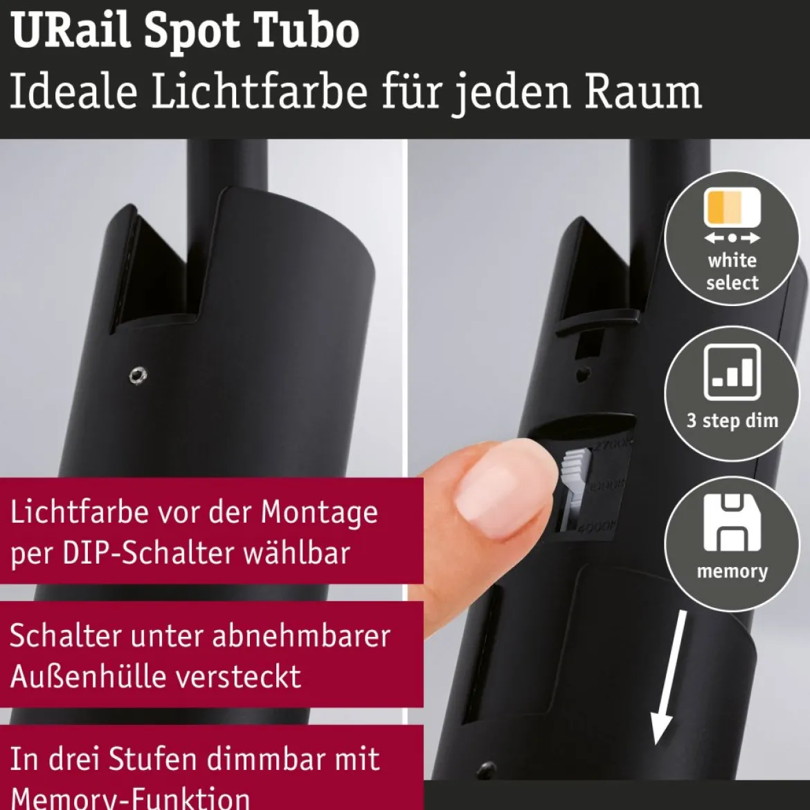 Paulmann 93142 URail LED Schienenspot Tubo 3-Step-Dim 2700-4000K Schwarz matt