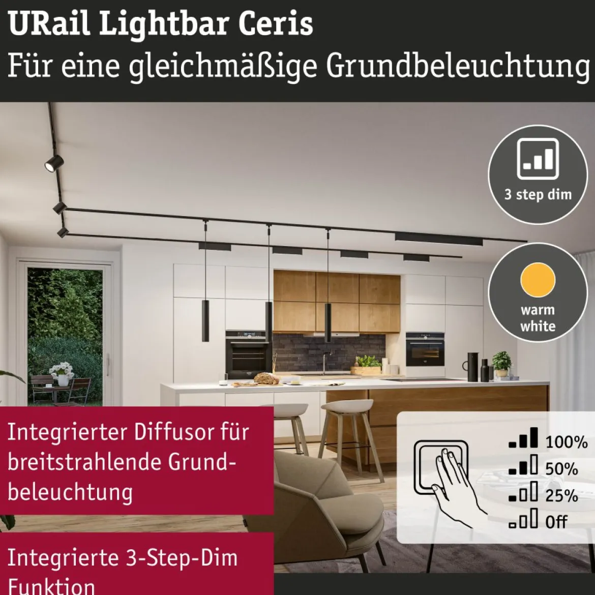Paulmann 95709 URail Lightbar Ceris Schwarz matt 3000K 3-Step-Dim
