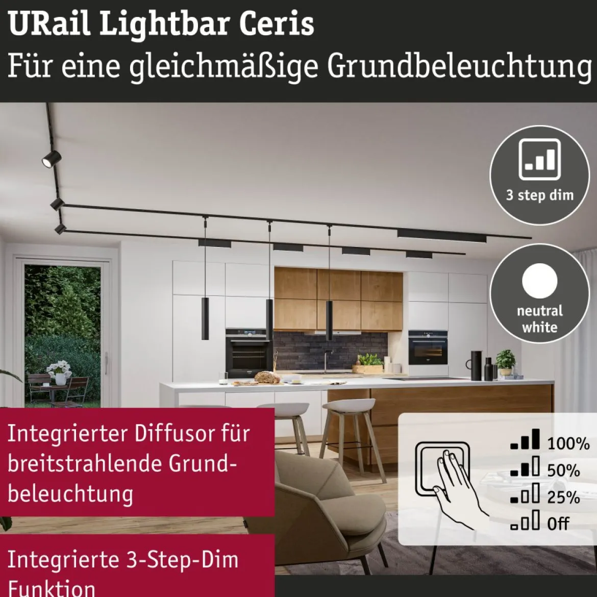 Paulmann 95710 URail Lightbar Ceris Schwarz matt 4000K 3-Step-Dim