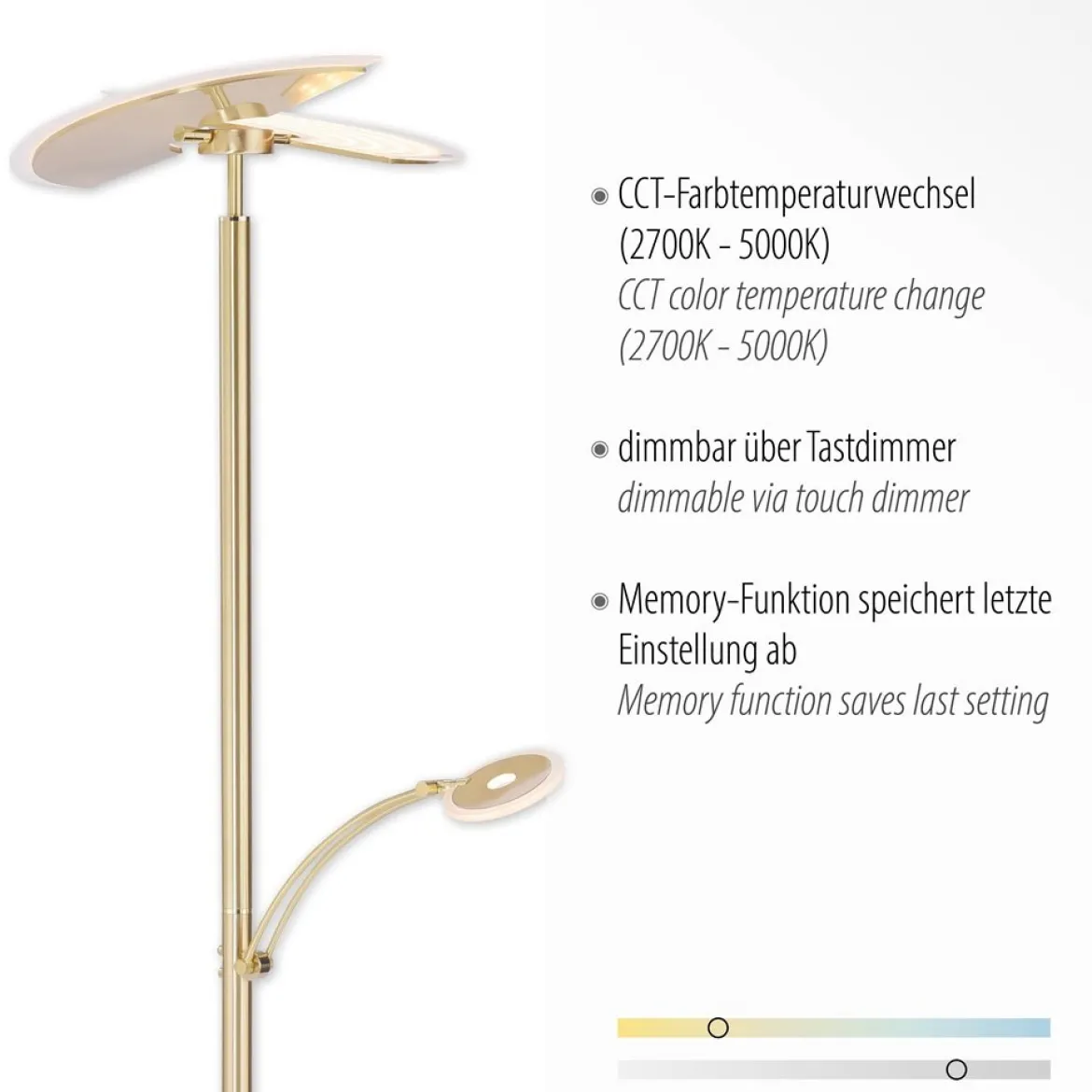 Paul Neuhaus 673-60 LED Deckenfluter messingfarben Lesearm CCT mit Memoryfunktion