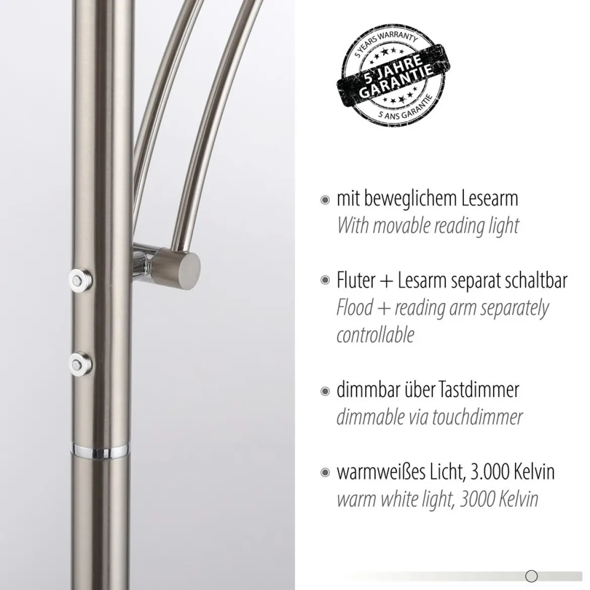 Paul Neuhaus 655-55 LED Deckenfluter mit Leseleuchte stahlfarben Dimmfunktion