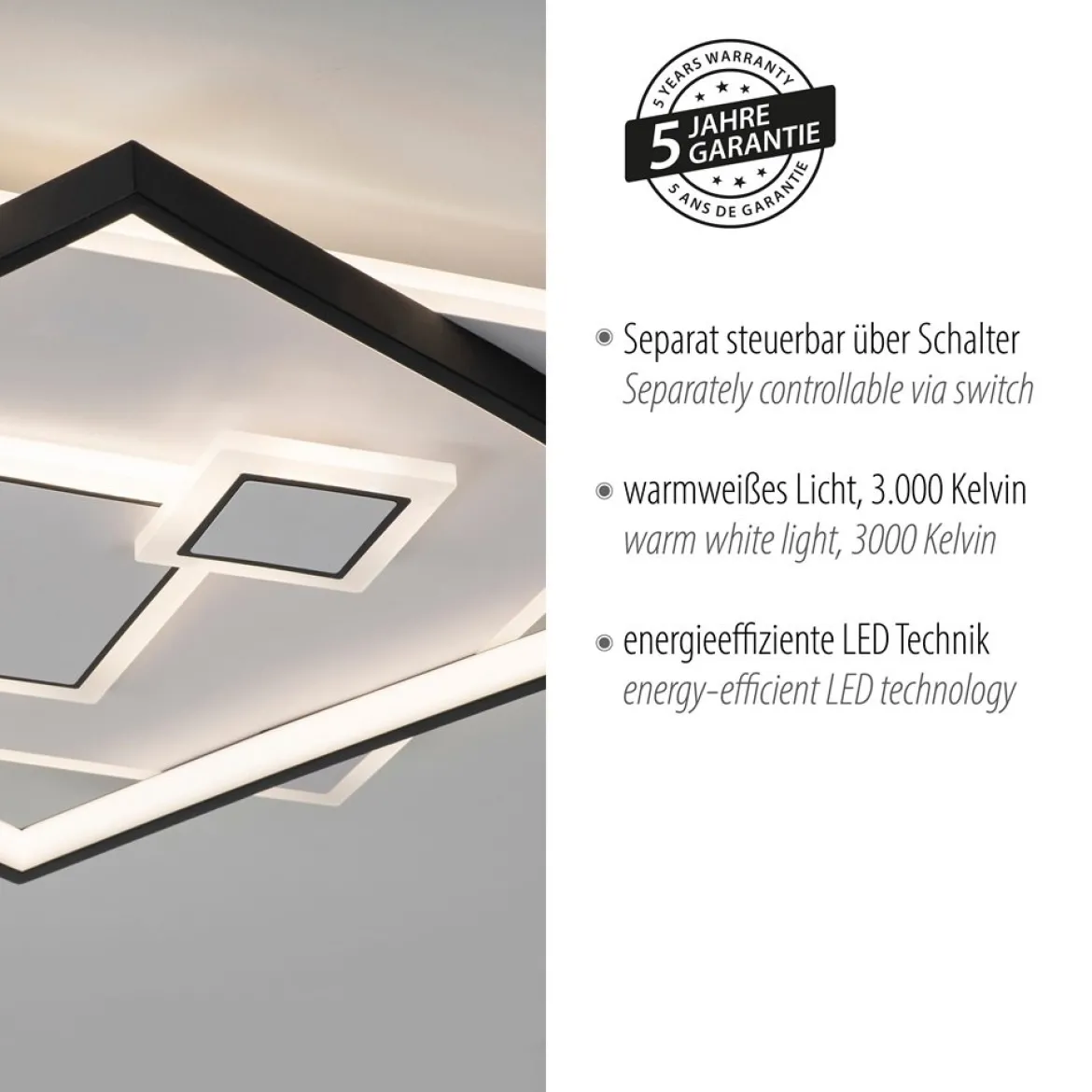 Paul Neuhaus 6390-16 LED Deckenleuchte quadratisch schwarz weiß schaltbar warmweiß