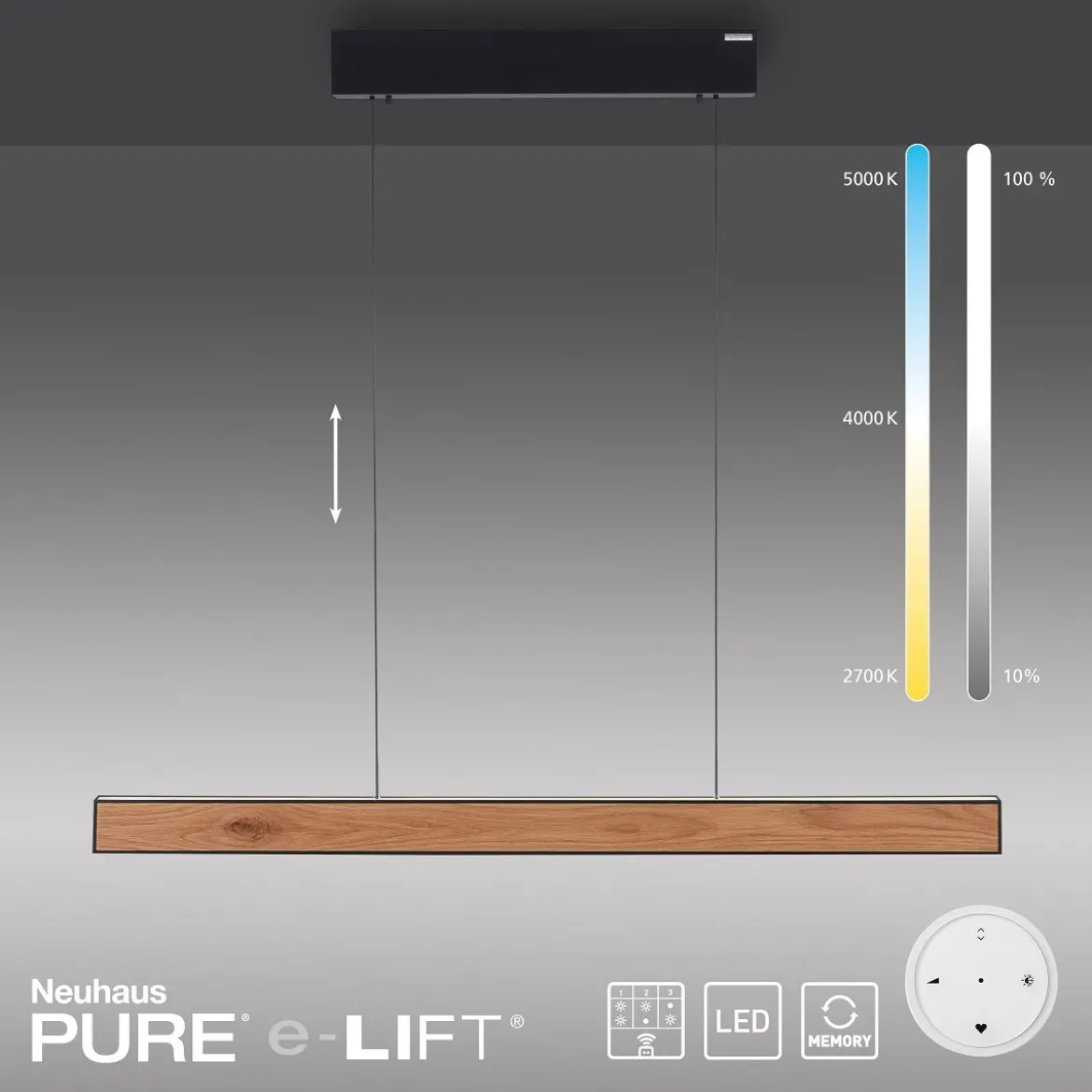 Paul Neuhaus 2570-79 PURE E-MOTION LED Pendelleuchte oak/black pearl höhenverstellbar