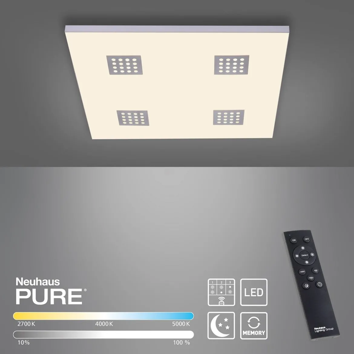 Paul Neuhaus 6434-95 PURE-NEO LED Deckenleuchte aluminium CCT 62x62cm