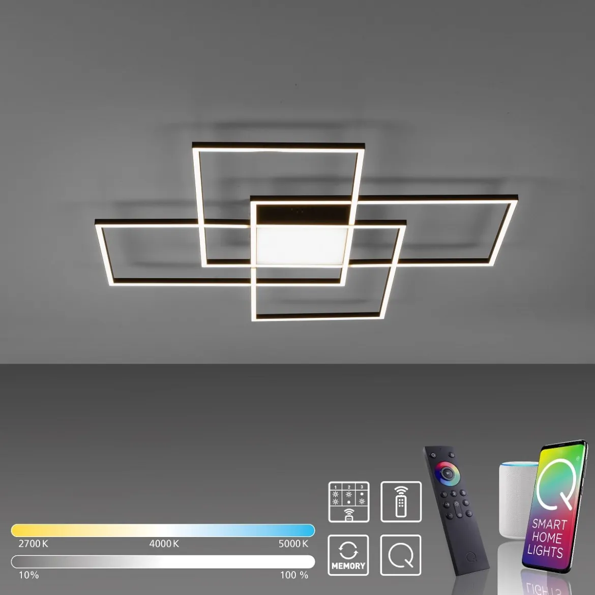 Paul Neuhaus 6073-18 Q-ASMIN LED Deckenleuchte 80x80cm schwarz Smart Home