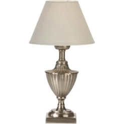 PR Home 281361316-166 Tischleuchte Pollino antikes Silber Lampenschirm cremeweiß 33cm